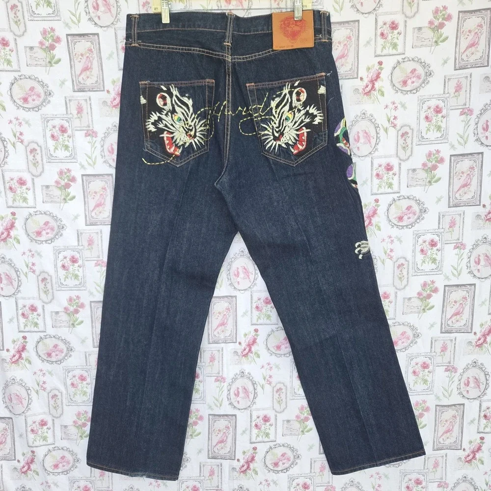 VTG Ed Hardy Christian Audigier Tiger Embroidered Baggy‎ Denim Jeans Mens 38x34